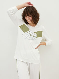 Женский пижамный комплект с круглым вырезом и длинным рукавом с принтом LCW Dream