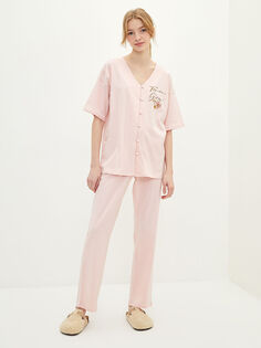 Женский пижамный комплект из хлопка с v-образным вырезом и принтом LCW Dream