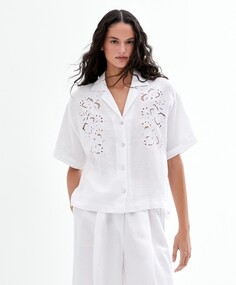 Рубашка с короткими рукавами из 100% льна с вышивкой OYSHO, белый