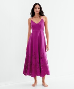 Платье миди из льна с вышивкой OYSHO, пурпурный