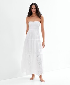 Длинное платье из 100% хлопка с вышивкой бродери англез OYSHO, белый