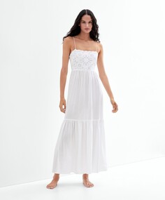 Длинное льняное платье с вышивкой OYSHO, белый