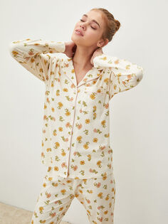 Женский пижамный комплект из хлопка с воротником-стойкой и цветочным принтом с длинным рукавом LCW Dream