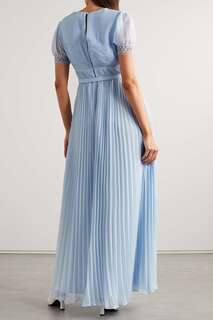 SELF-PORTRAIT Шифоновое платье макси из гипюра со складками и кружевом с поясом и поясом, светло-синий