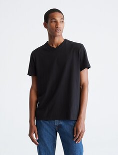 Гладкая хлопковая однотонная футболка с v-образным вырезом Calvin Klein, черный
