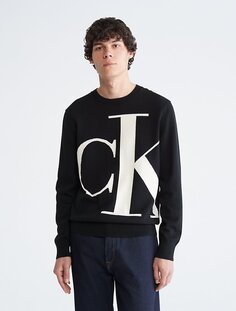 Компактный хлопковый свободный свитер с монограммой и логотипом Calvin Klein, черный