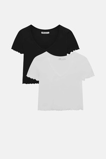 Набор базовых укороченных топов Pull&amp;Bear с окантовкой по краю салата, белый/черный