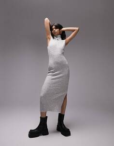 Серое меланжевое трикотажное платье макси без рукавов с разрезами по бокам Topshop
