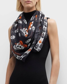 Шелковый шарф с черепами и грибами Alexander McQueen