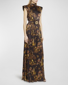 Шелковое плиссированное платье с принтом Toile и сильными плечами и поясом Andrew Gn