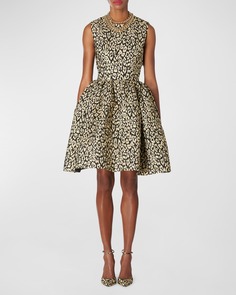 Расклешенное платье без рукавов из металлизированной парчи с леопардовым принтом Carolina Herrera
