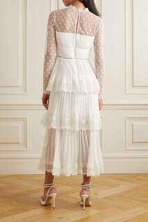 SELF-PORTRAIT Многоуровневое платье миди из тюля и плиссированного шифона с кружевной отделкой и вышивкой, белый