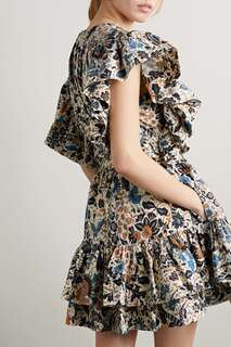 ULLA JOHNSON ярусное мини-платье Kiri из хлопка и поплина с оборками и цветочным принтом, военно-морской