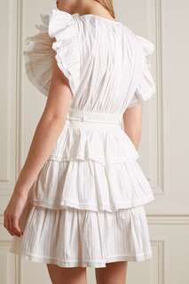 ULLA JOHNSON платье мини Camilla из хлопкового поплина с оборками и защипами, белый