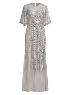 Платье с накидкой из бисера Aidan Mattox, серебряный