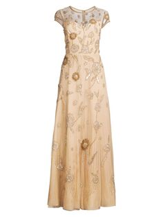 Платье с цветочной вышивкой бисером Aidan Mattox, золотой