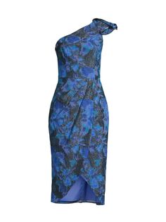 Жаккардовое платье-миди на одно плечо Aidan Mattox, синий