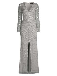 Расшитое пайетками платье с длинными рукавами Aidan Mattox, серебряный