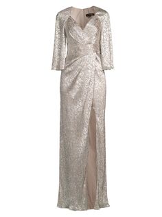 Платье цвета металлик с V-образным вырезом Aidan Mattox, серебряный