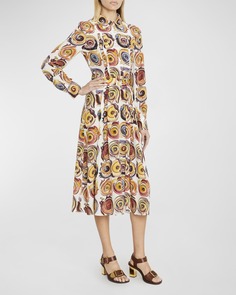 Расклешенное шелковое платье миди со спиральным принтом Chloe