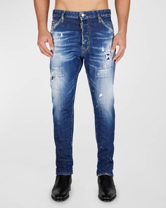 Мужские свободные длинные джинсы из денима с брызгами Dsquared2