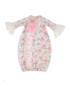 Розовая кружевная ночная рубашка с цветочным принтом для девочки с повязкой на голову, размер 0–3 м Haute Baby