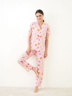 Женский пижамный комплект из вискозы с коротким рукавом и воротником-рубашкой LCW Dream