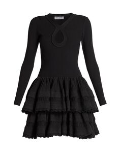 Мини-платье из эластичной шерсти с кринолином и каплевидным вырезом Alaïa, черный