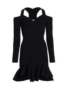 Мини-платье в рубчик с оборками Alexander McQueen, черный