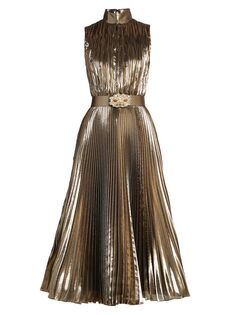 Плиссированное платье-миди с поясом и эффектом металлик ANDREW GN, золотой