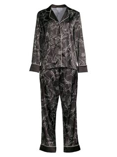 Длинная пижама с принтом листьев Averie Sleep, черный