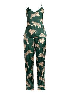 Длинный пижамный комплект Zola с тигровым принтом Averie Sleep, зеленый