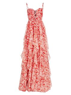 Украшенное платье с цветочным принтом и оборками Badgley Mischka, красный