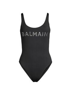 Сплошной купальник со стразами и кристаллами Balmain, черный