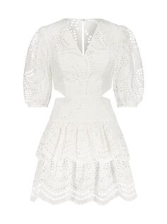 Коктейльное платье с кружевом и пышной юбкой с люверсами BCBGMAXAZRIA, белый