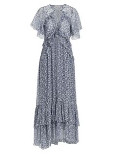 Шелковое платье макси Antoinette с цветочным принтом D Ô E N, синий