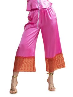 Шелковые брюки с кружевной отделкой Cynthia Rowley, розовый