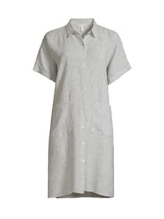 Льняное платье прямого кроя с пуговицами спереди Eileen Fisher, белый