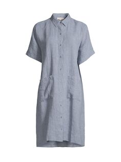 Льняное платье-рубашка с пуговицами спереди Eileen Fisher, синий