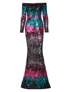 Расшитое пайетками платье из тюля с открытыми плечами Elie Saab, разноцветный