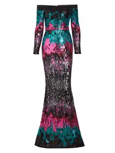 Расшитое пайетками платье из тюля с открытыми плечами Elie Saab, разноцветный
