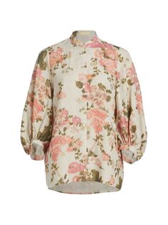 Льняная блуза с пышными рукавами и цветочным принтом Erdem, экру