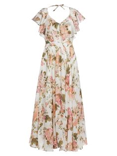 Шифоновое платье макси с цветочным принтом Erdem, коралловый