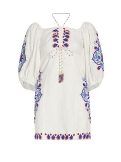 Мини-платье из смеси льна с вышивкой Farm Rio, белый