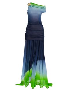 Прозрачное макси-платье с асимметричными плечами FERRAGAMO, синий