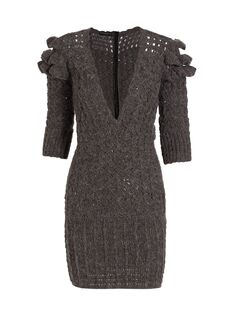 Вязаное крючком мини-платье Rebirth с V-образным вырезом и оборками Frederick Anderson, серый