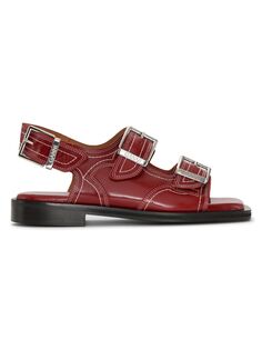 Кожаные сандалии с вышивкой в стиле вестерн GANNI, красный