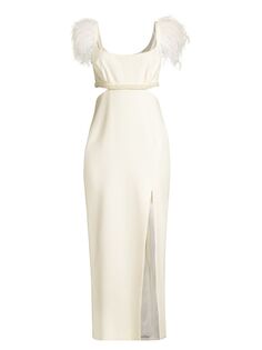 Платье миди с вырезом и вырезом, украшенное перьями Taliah LIKELY, белый