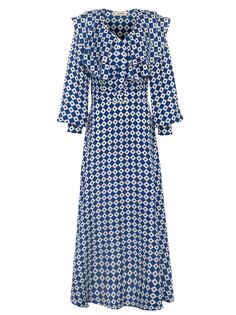 Шелковое платье-миди с рюшами и воротником Lisou, синий