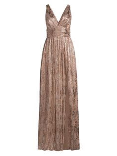 Плиссированное платье с глубоким вырезом из фольги Liv Foster, золотой